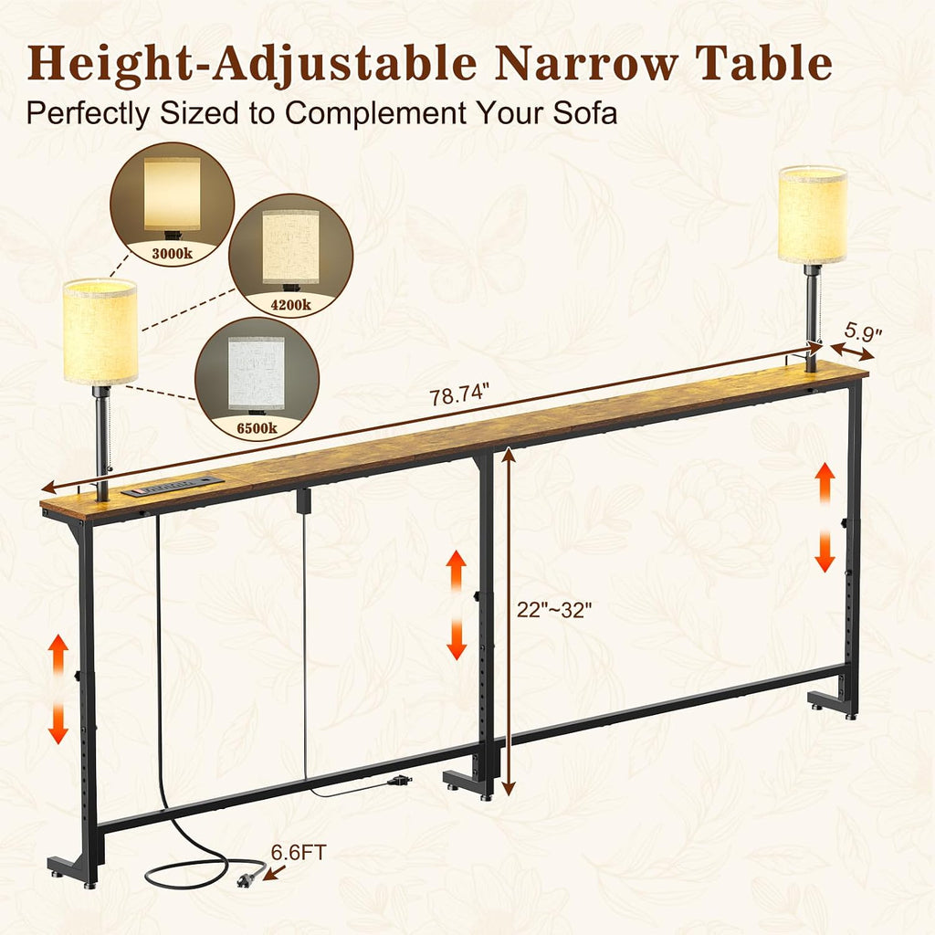 keomaisyto 78.8" Long Sofa Table with Lights & Charging Station - 4 AC outlets, 22"-32" Height Adjustable Behind Couch Console Table, Narrow Console Table, Slim Design for Living Room, Rustic Brown