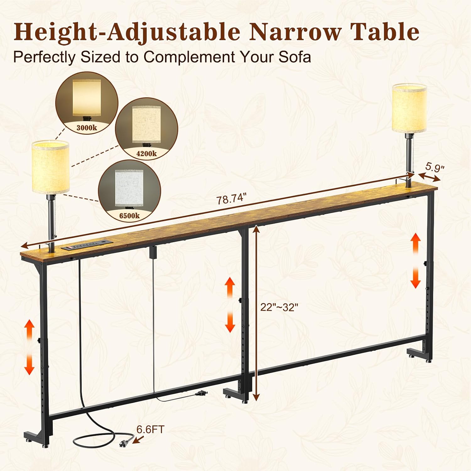 keomaisyto 78.8" Long Sofa Table with Lights & Charging Station - 4 AC outlets, 22"-32" Height Adjustable Behind Couch Console Table, Narrow Console Table, Slim Design for Living Room, Rustic Brown