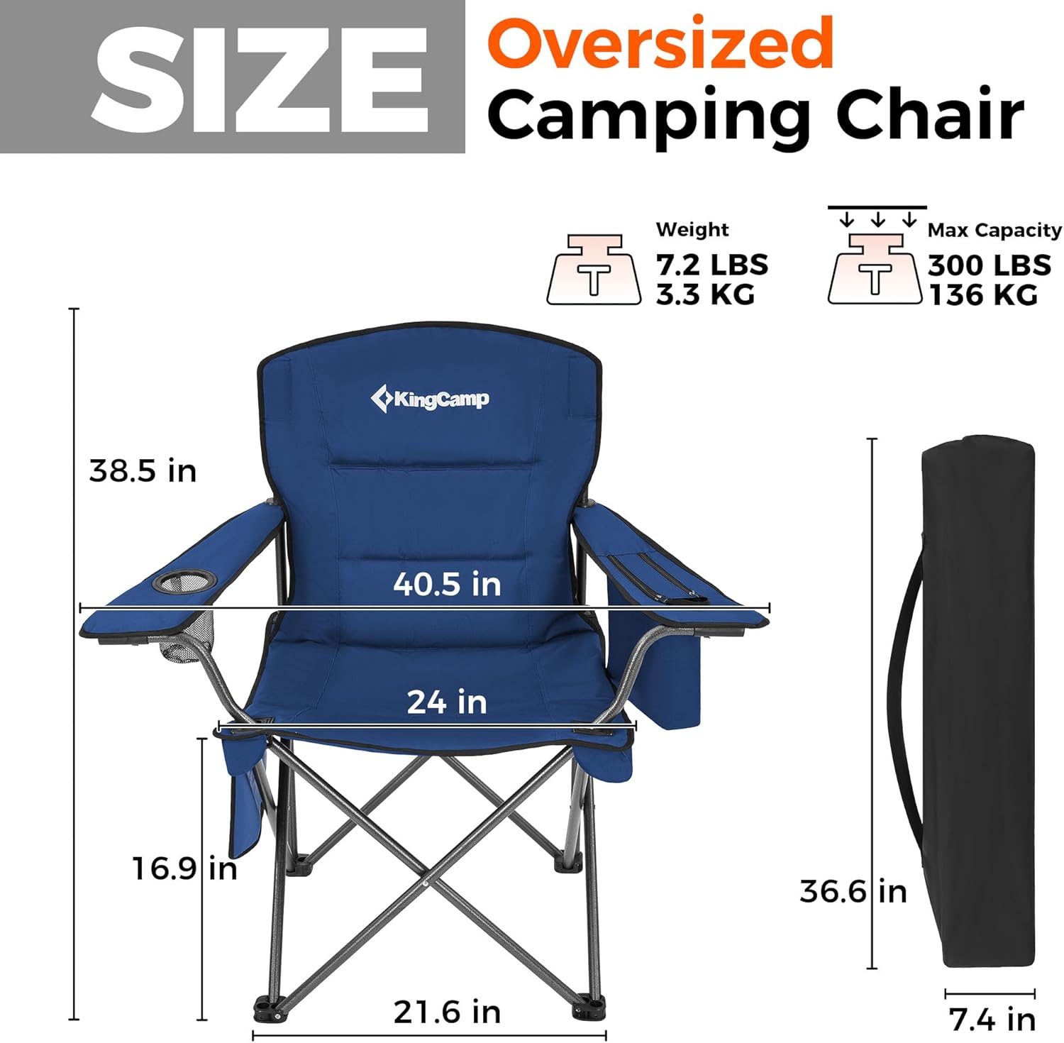 KingCamp Oversized Heavy Duty Camping Chair, Padded Folding Lawn Chair with Cooler Bag & Cup Holder, Portable Outdoor Chair with Lumbar Support for Tailgating Sports Patio Beach, Blue