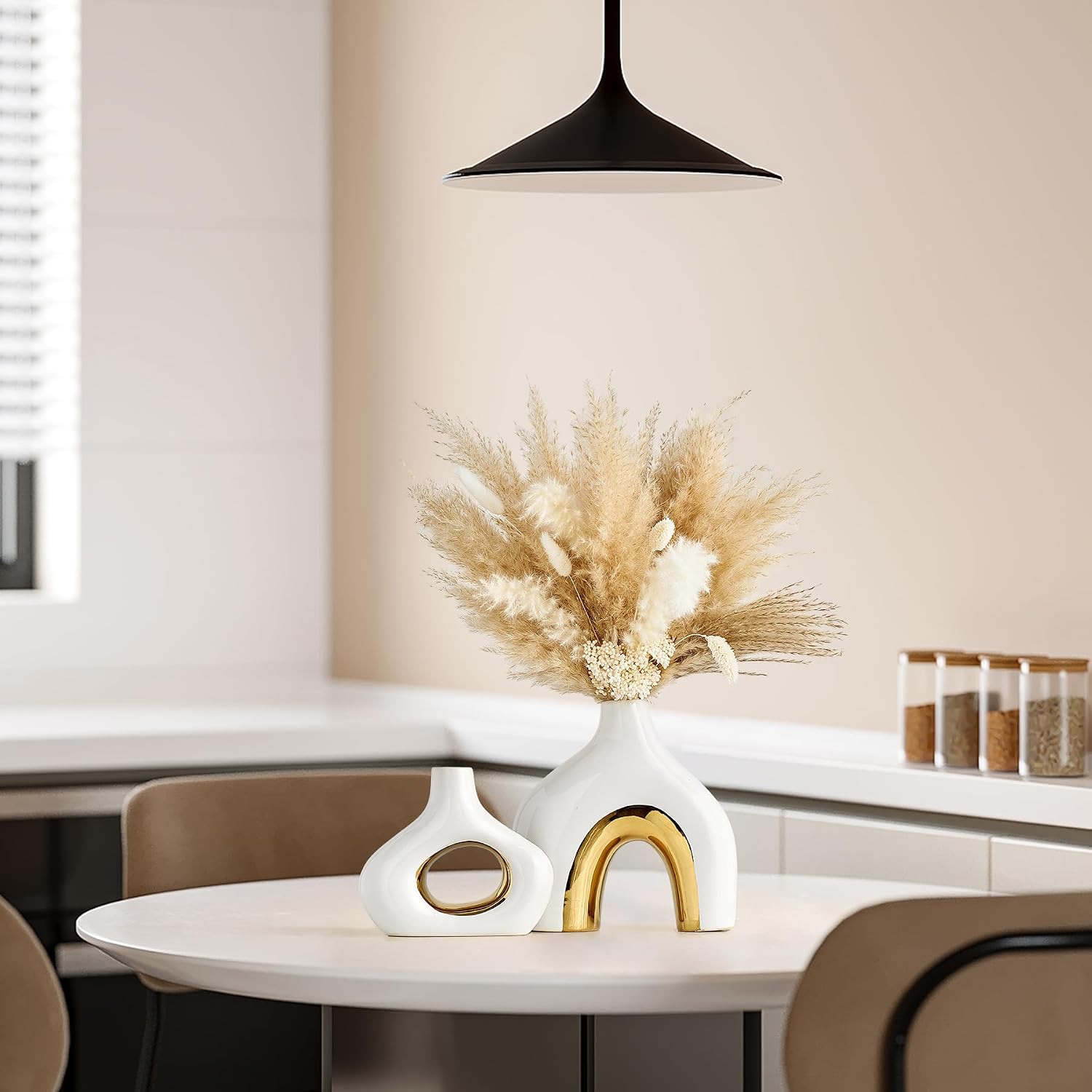 Modern Ceramic Donut Vase: Set of 2 -Minimalist Nordic White and Gold Hollow Vase Home Decor for Kitchen Dining Table Centerpieces Living Room Bederoom Entryway Wedding