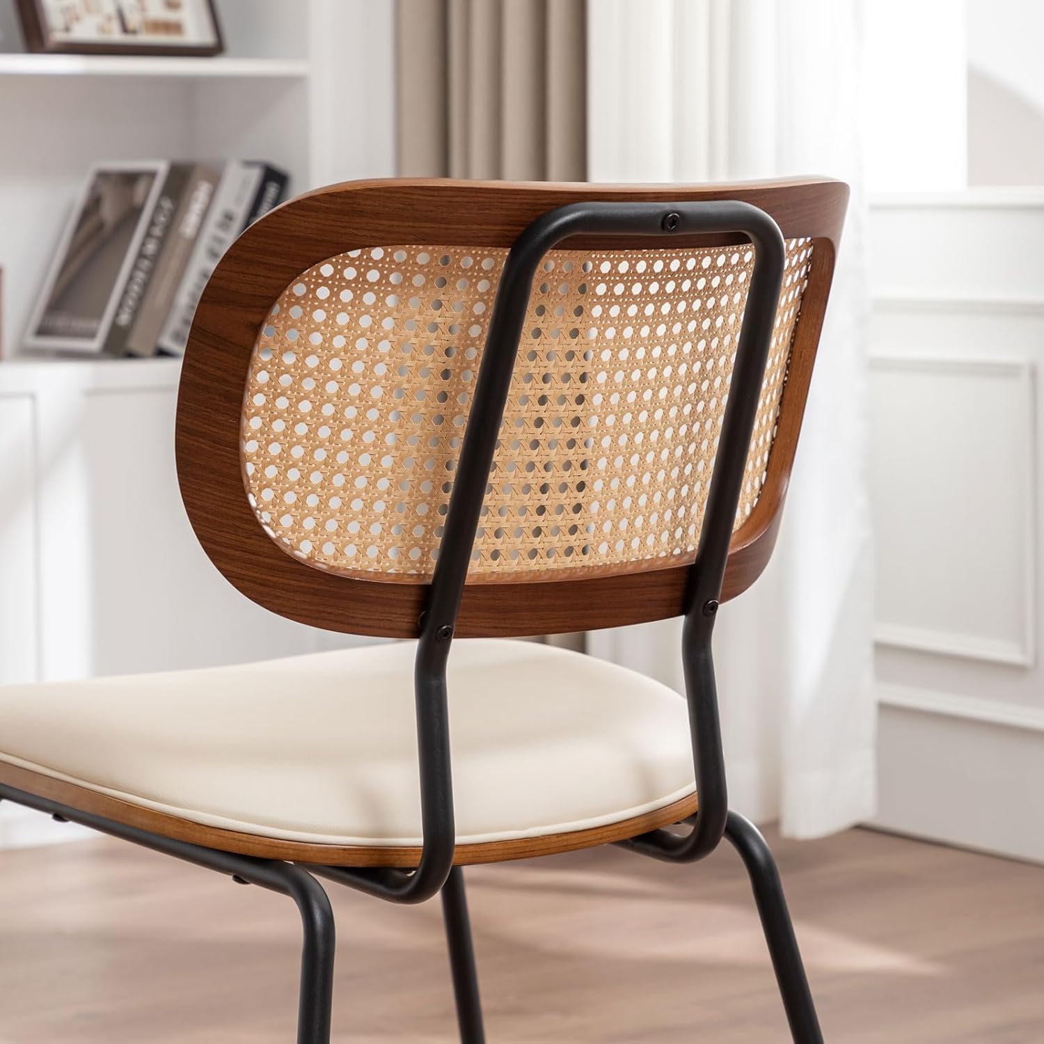 AQG Rattan Dining Chairs, Mid Century Modern Dining Chairs, Cane Back Chairs Set of 2, Cane Back Faux Leather, Kitchen & Dining Room Chairs with Metal Legs (Beige-PU, Set of 2-Rattan)
