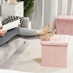 B FSOBEIIALEO Storage Ottoman Cube, Velvet Tufted Folding Ottomans with Lid, Footstool Rest Padded Seat for Bedroom (Pink, Medium)