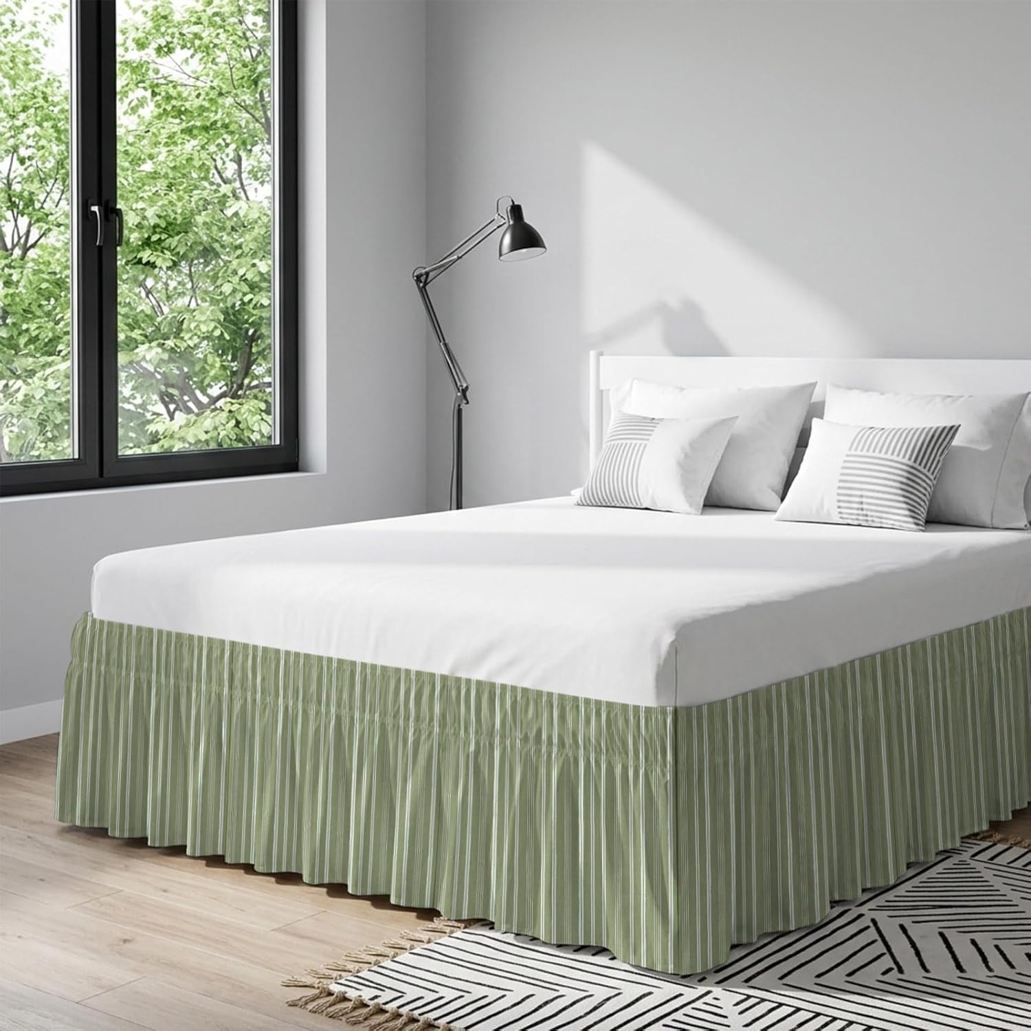 Dark Sage Green Striped Bed Skirt King Size 16 Inch Drop, Adjustable & Elastic Wrap Around Bed Skirts Pleated Dust Ruffles for Twin Full Queen Cal King Base Bed, Farmhouse Stripes Modern Vintage