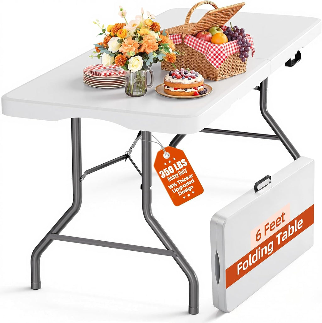 6ft Folding Table Heavy Duty 350 LBS Capacity Foldable Table with 18% Thicker HDPE Waterproof Top & Reinforced Steel Frame, Portable Fold-in-Half Table for Outdoor Indoor Party Wedding Camping