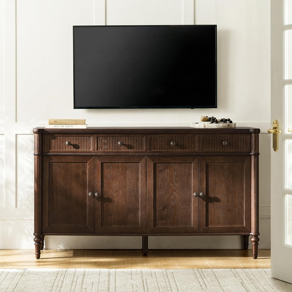 HULALA HOME Wood Sideboard Cabinet, 58" Storage Sideboard with 2 Adjustable Shelves, 2 Fluted Drawers & 4 Doors, Credenza Console, Transitional Buffet with Wood Legs, Auburn