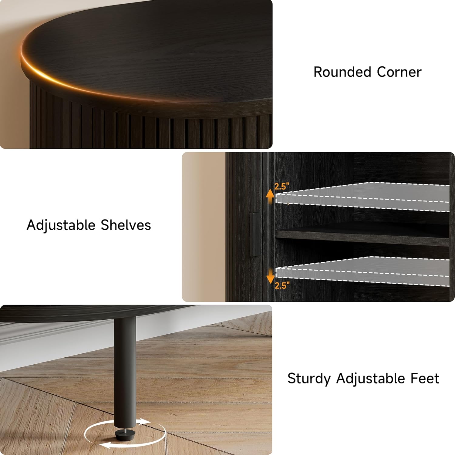 ONBRILL 63'' Fluted Sideboard Buffet Cabinet with Storage, Large Credenza Storage Cabinet with Drawers, Mid Century Modern Buffet Table Accent Console Cabinet for Kitchen Living Room Enrtyway, Black