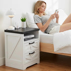 IDEALHOUSE Farmhouse Nightstand with Charging Station & 2 Drawers, Industrial Style White Bedside Table, Sturdy Engineered Wood