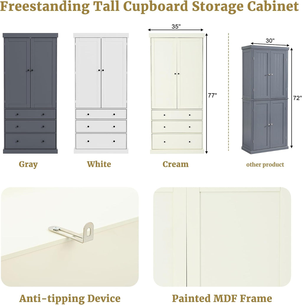 77" Tall Kitchen Pantry Cabinet, Pantry Storage Cabinet with 2 Door 3 Drawers and Adjustable Shelf, Freestanding Rustic Wood Pantry for Kitchen, Dining Room, Cream