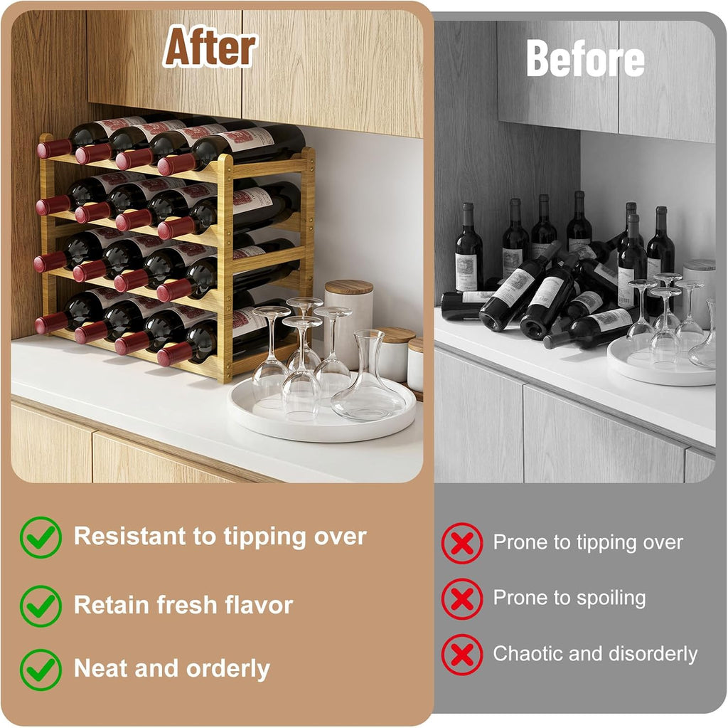 Nuovoware Bamboo Wine Rack, 4-Tier 16-Bottle with Wavy Groove, Wood Color | Sturdy Freestanding Countertop Shelf for Kitchen, Pantry, Dining Room, Basement, Bar, Wine Cellar