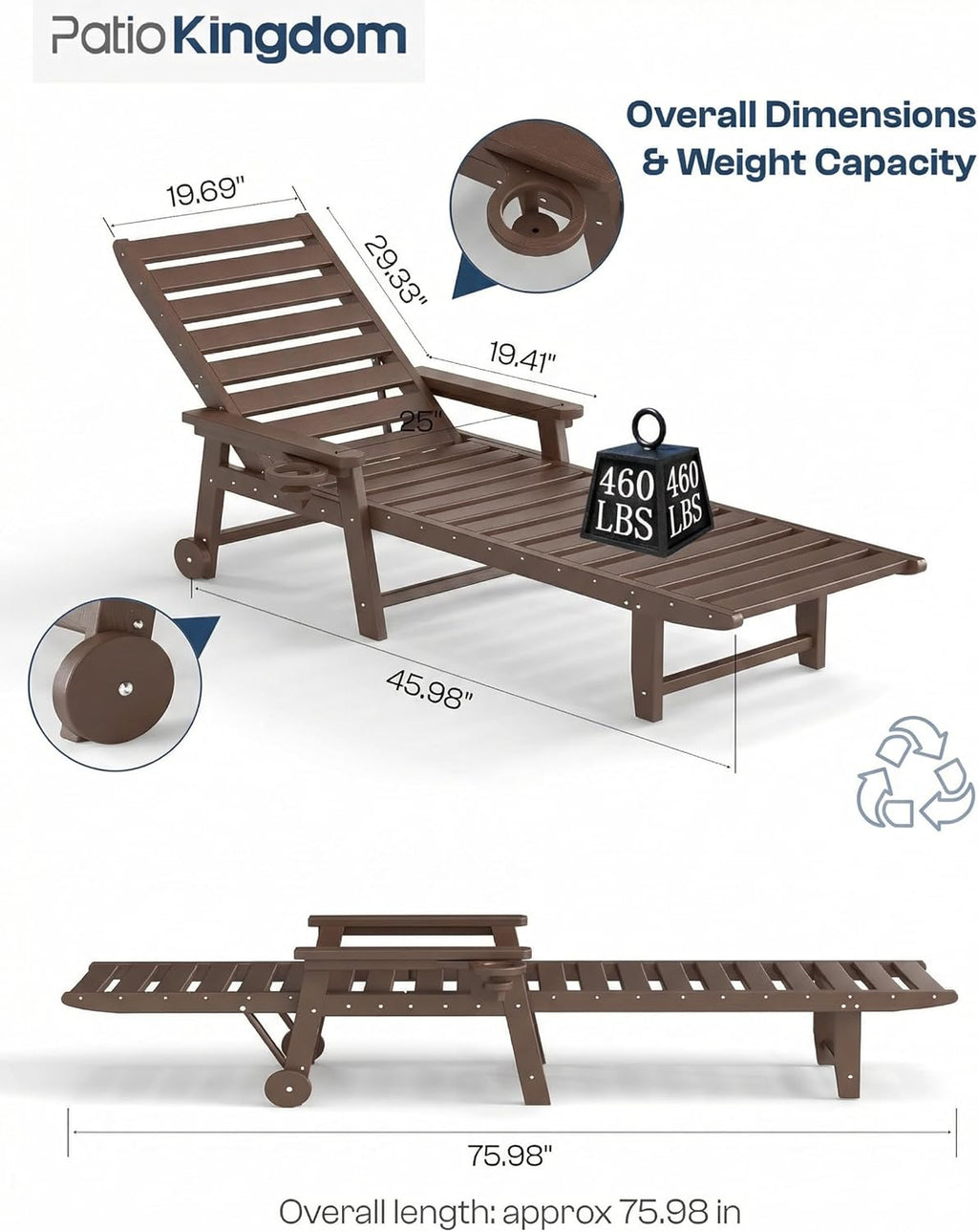 5-Position Adjustable Lounge Chair Outdoor Set of 2, HDPE Outdoor Chaise Lounge with Cup Holder & Wheels, Pool Lounge Chairs for Poolside, Beach, Deck, Brown