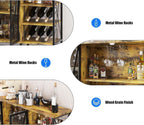 Farmhouse Wine Bar Cabinet with Led Light, Industry Coffee Bar with Wine Rack and Glass Holder, Metal Sideboard and Liquor Cabinet with Mesh Door for Living Room, 55.12"x13.78"x30.31", Rustic Brown