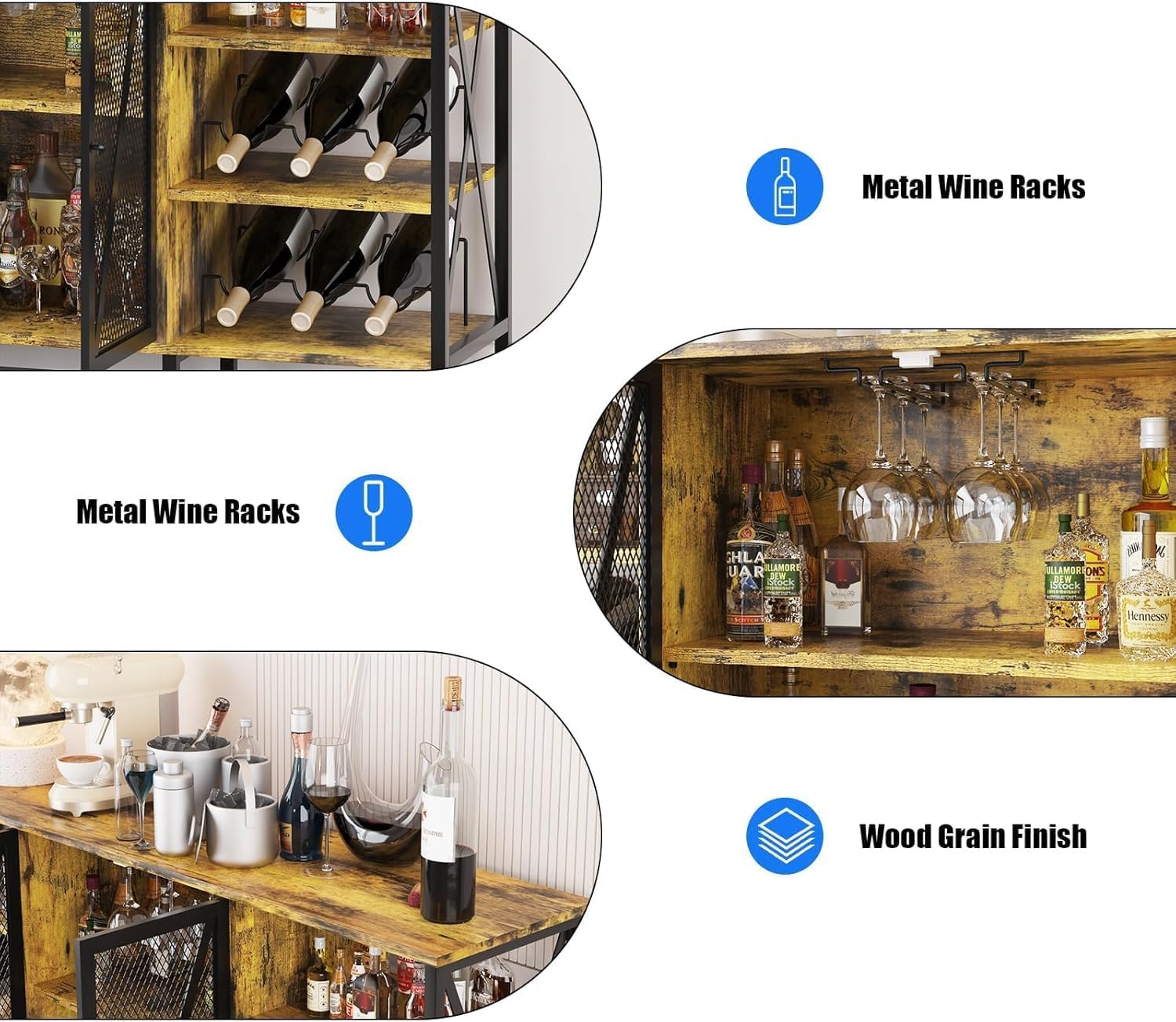 Farmhouse Wine Bar Cabinet with Led Light, Industry Coffee Bar with Wine Rack and Glass Holder, Metal Sideboard and Liquor Cabinet with Mesh Door for Living Room, 55.12"x13.78"x30.31", Rustic Brown