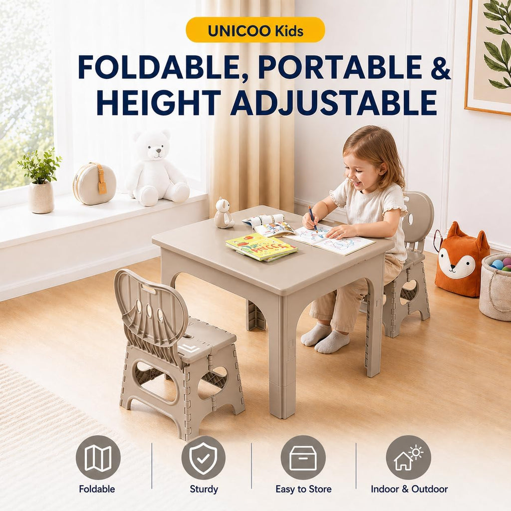 UNICOO Foldable Kids Table and 2 Chairs Set, Portable Height Adjustable Toddler Activity Table, Indoor Outdoor Folding Table Set for Study, Crafts, Snack, Picnic, Playroom and Patio