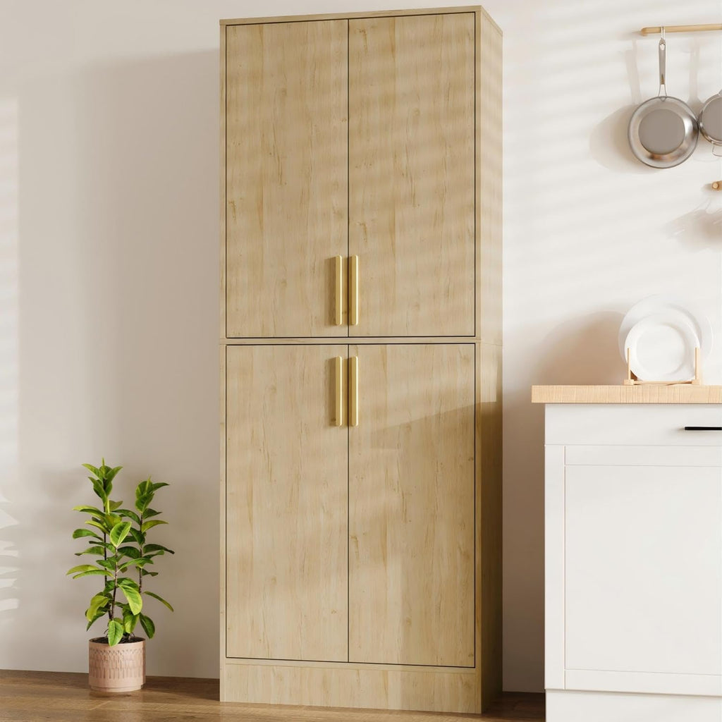 Housoul 71" Tall Pantry Cabinet with 4 Doors, Kitchen Pantry Storage Cabinet, Freestanding Larder Cupboard, Utility Kitchen Hutch with Gold Handles for Dining Room, Bathroom, Natural