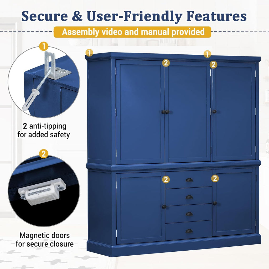 73" H Large Kitchen Pantry with Storage, Freestanding Wooden Cupboard with 4 Drawers,Cabinet Door Organizers and Adjustable Shelves for Kitchen, Dining Room, Blue