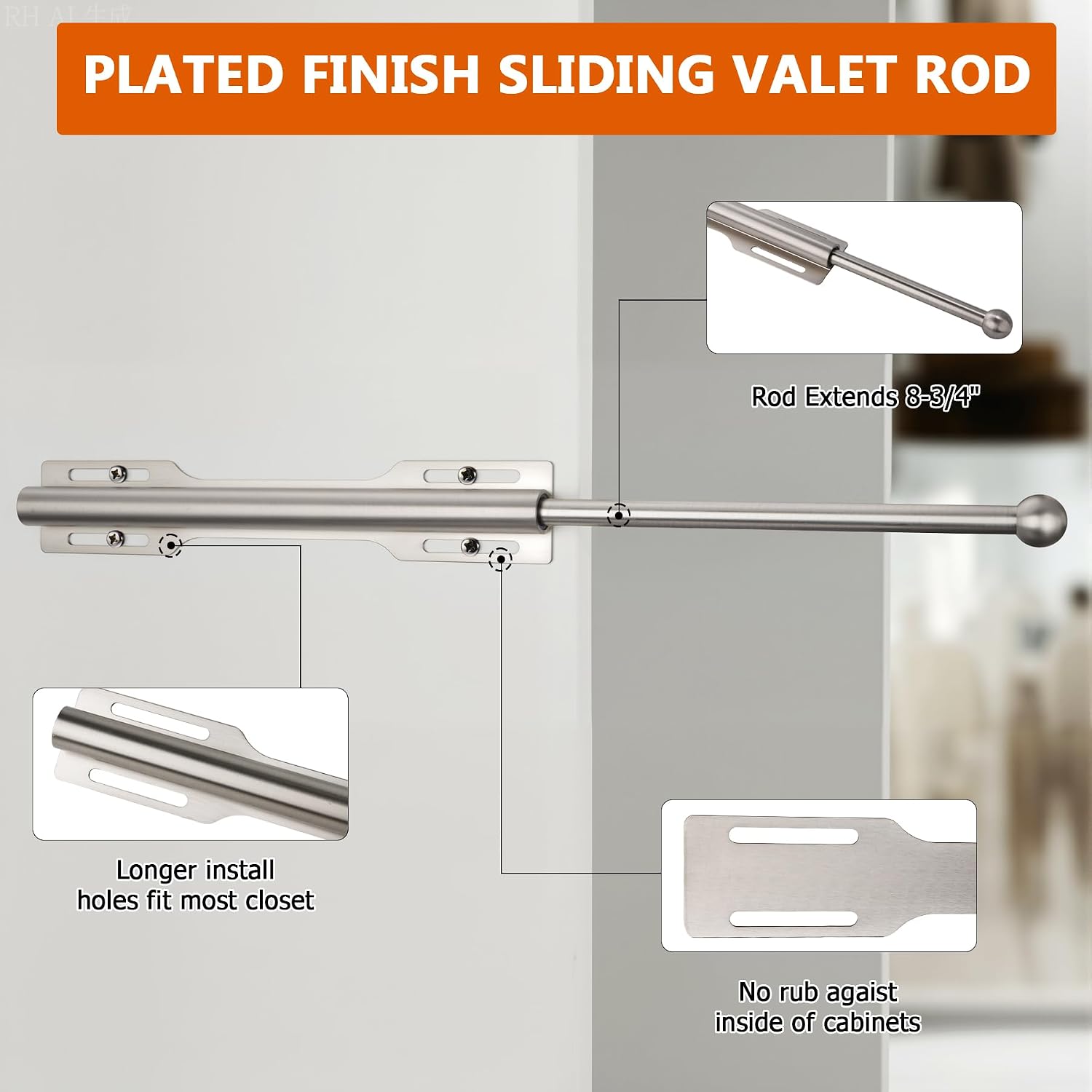 2 Pack Valet Rod for Closet Pull Out, Rod for Bedroom Laundry Room Bathroom, Nickel