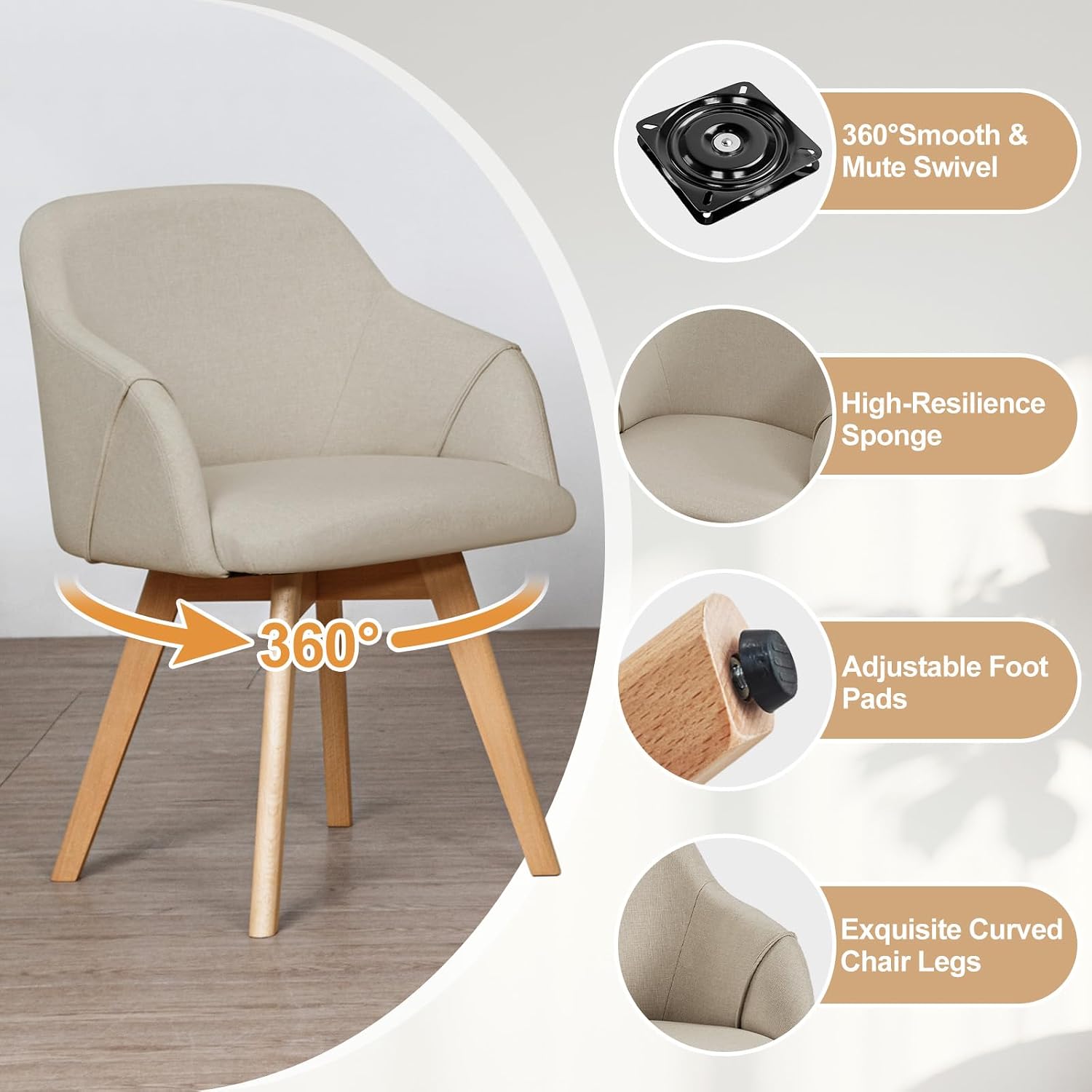 Swivel Dining Chairs Set of 4, Mid Century Modern Dining Chairs with Arms and Wood Legs, Linen Fabric Upholstered Kitchen Chairs for Dining Room Living Room, Comfortable Widen Seat, Sand