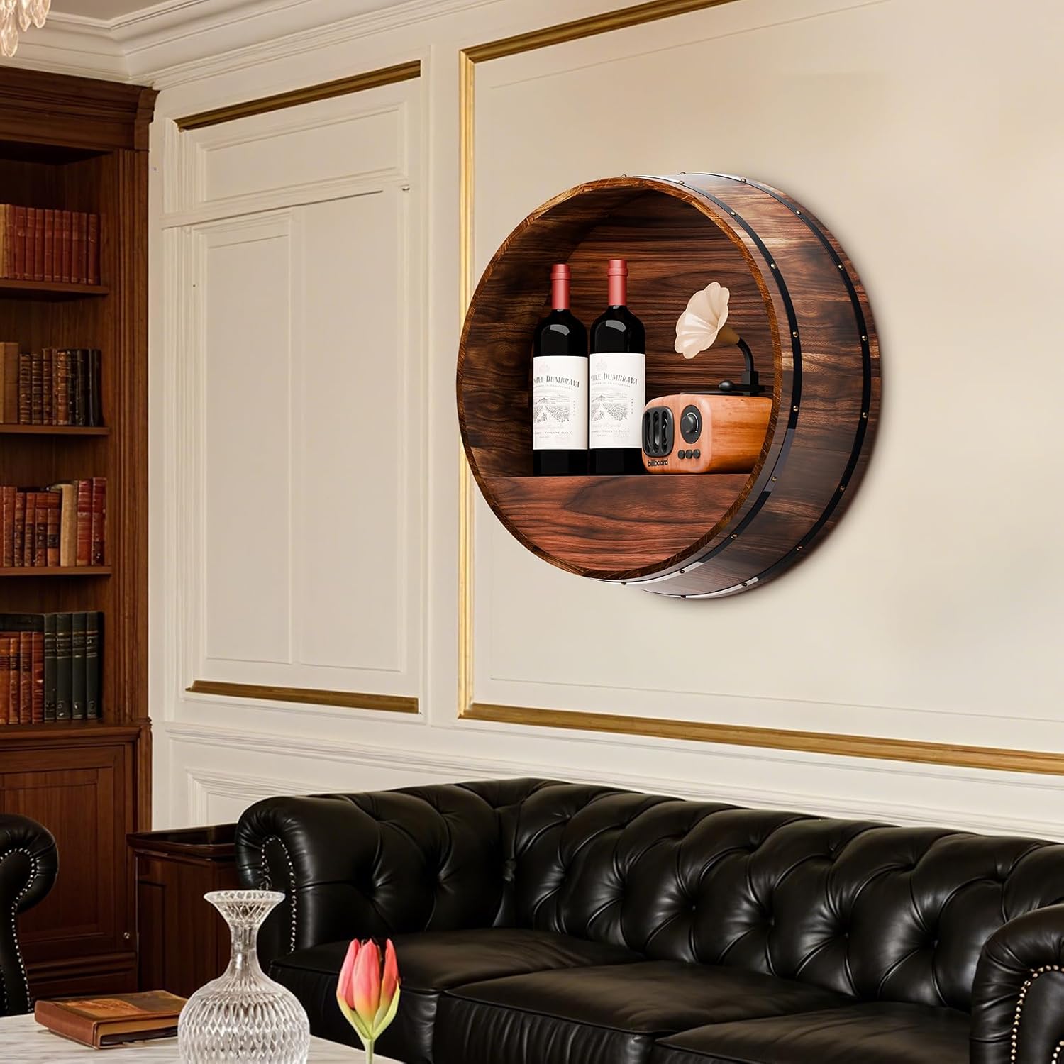 Whiskey Barrel Decor, Bourbon Whiskey Barrel Shelf, Wall Mount Wine Rack, Rustic Wine Rack Wood for Vintage Wine Bar and Home Décor (Small)