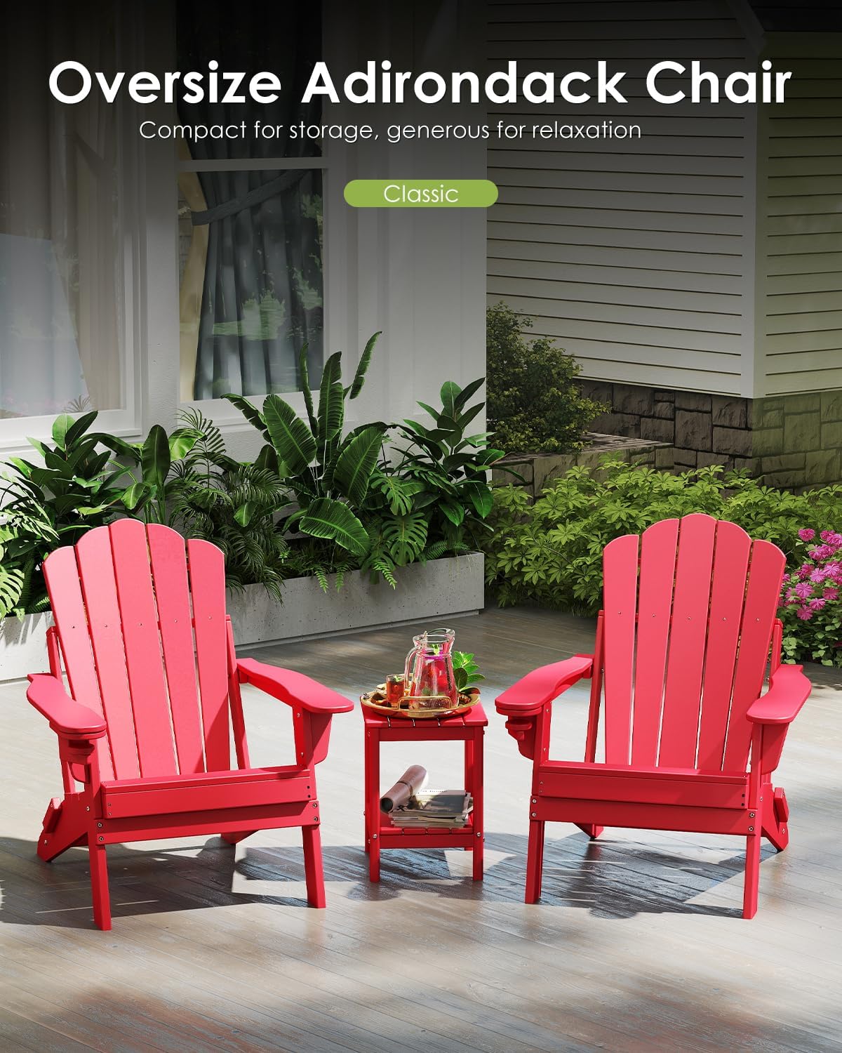 GREENVINES Oversized-Folding-Adirondack-Chairs-Set-of-2 | HDPE Plastic | Cup Holder | Fire Pit Chair | All Weather | for Outdoor Deck Backyard | Red