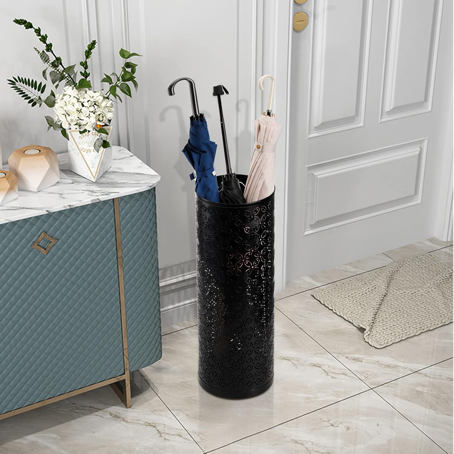 Hacaroa Metal Round Umbrella Stand Rack, Free Standing Umbrella Holder Bin, Canes Walking Sticks Holder for Entryway, Home, Office, Black