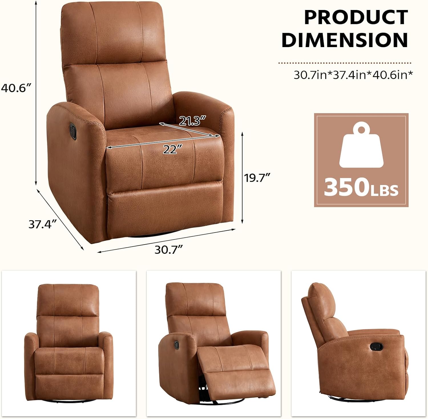 HAOMARKETS Swivel Rocker Recliner Chair, Manual Faux Leather Glider Rocking Recliners for Adults, 360° Swivel Nursery Reclining Sofa with Padded Backrest for Living Room, Dark Brown