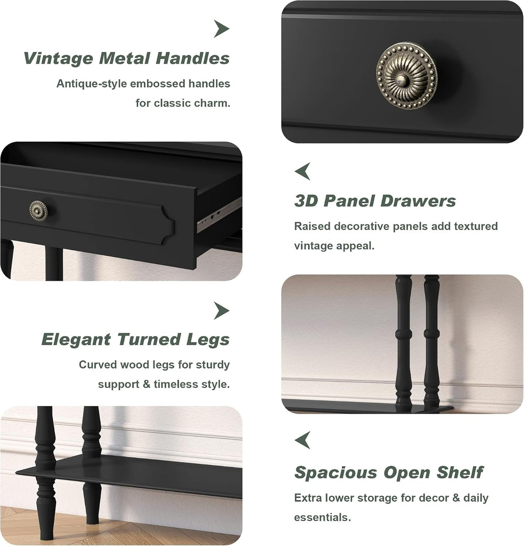 Console Table with 2 Drawers & Open Shelf, Black Retro Entryway Table with Storage Cabinets, Narrow Long Couch Table Behind Sofa for Living Room, Foyer, Hallway