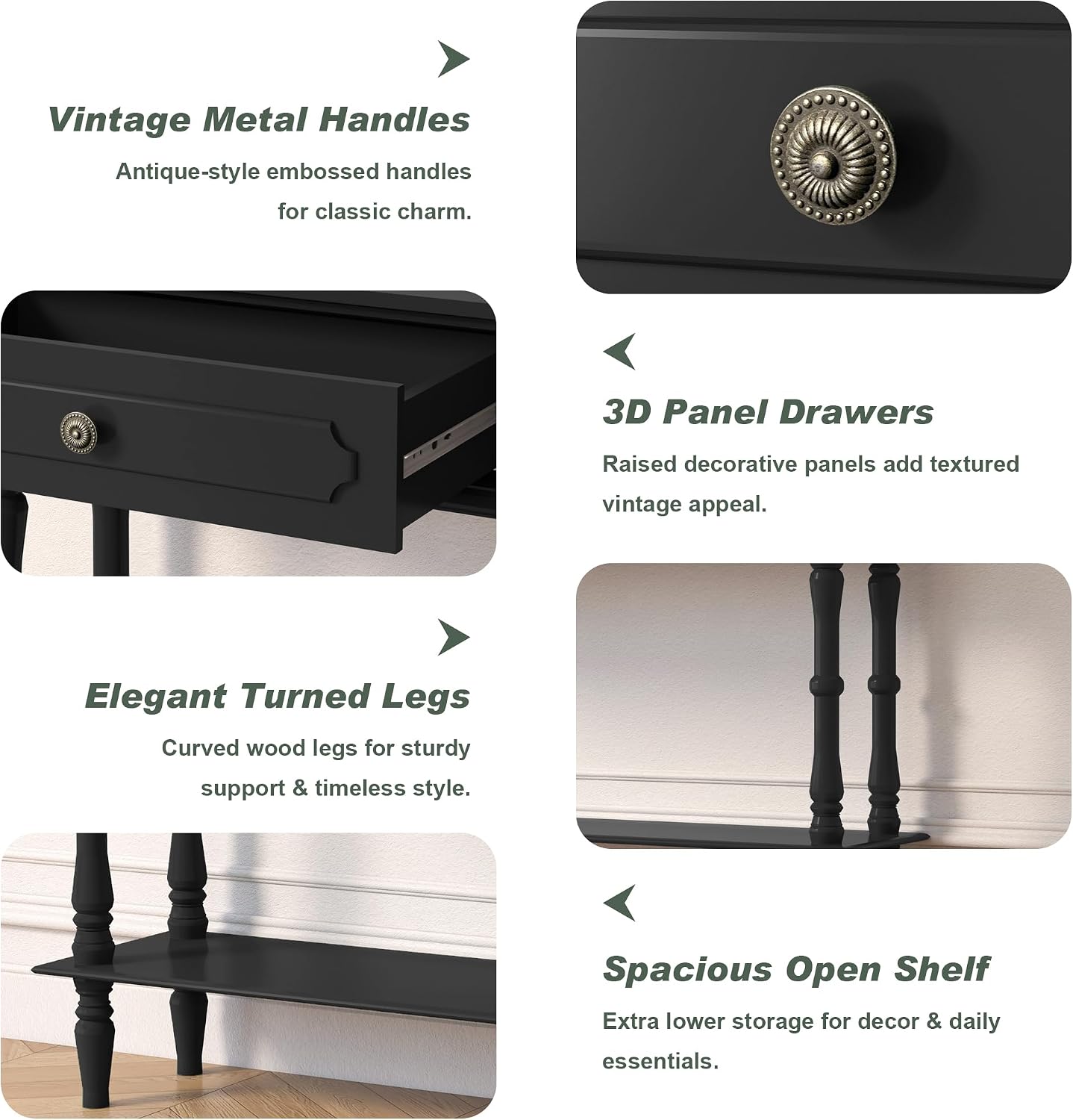 Console Table with 2 Drawers & Open Shelf, Black Retro Entryway Table with Storage Cabinets, Narrow Long Couch Table Behind Sofa for Living Room, Foyer, Hallway