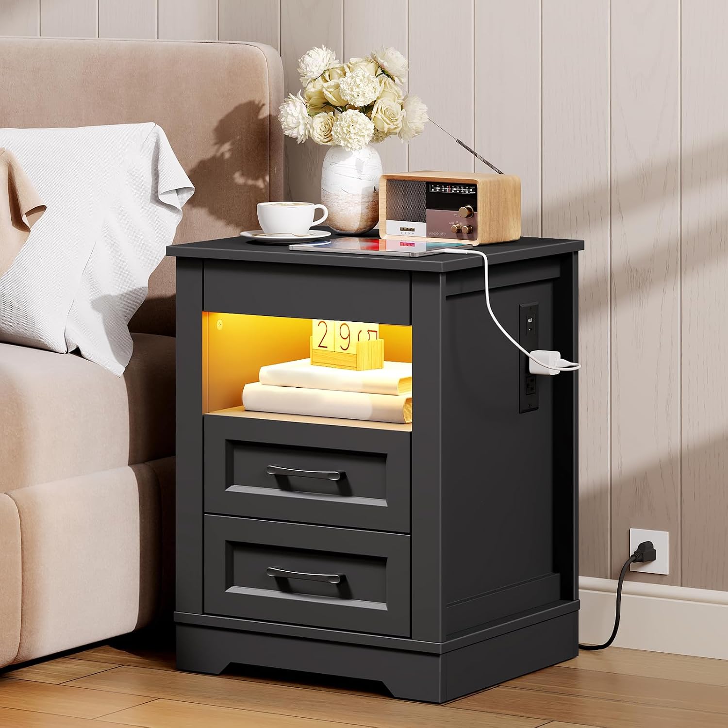 RALGEND Farmhouse Nightstand with Gun Drawer, Bedside Table with Charging Station and LED Light, Night Stand with 3 Drawers, End Table for Bedroom, Living Room, Black