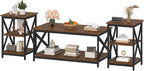 Bigbiglife Living Room Coffee Table Set of 3, Industrial X-Design Coffee Table and 2 End Side Tables, 3 Piece Living Room Table Set with Large Storage for Apartment Home (Rustic Brown)