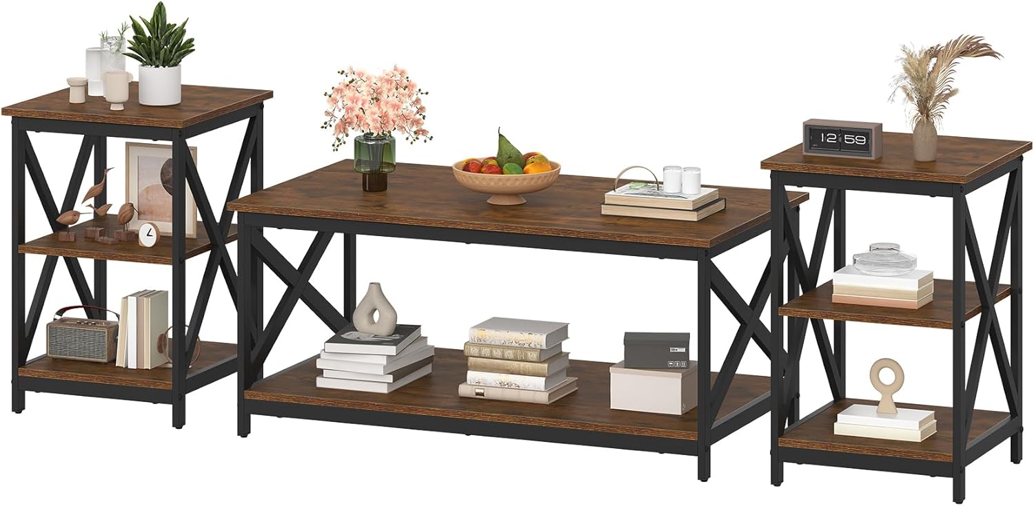 Bigbiglife Living Room Coffee Table Set of 3, Industrial X-Design Coffee Table and 2 End Side Tables, 3 Piece Living Room Table Set with Large Storage for Apartment Home (Rustic Brown)