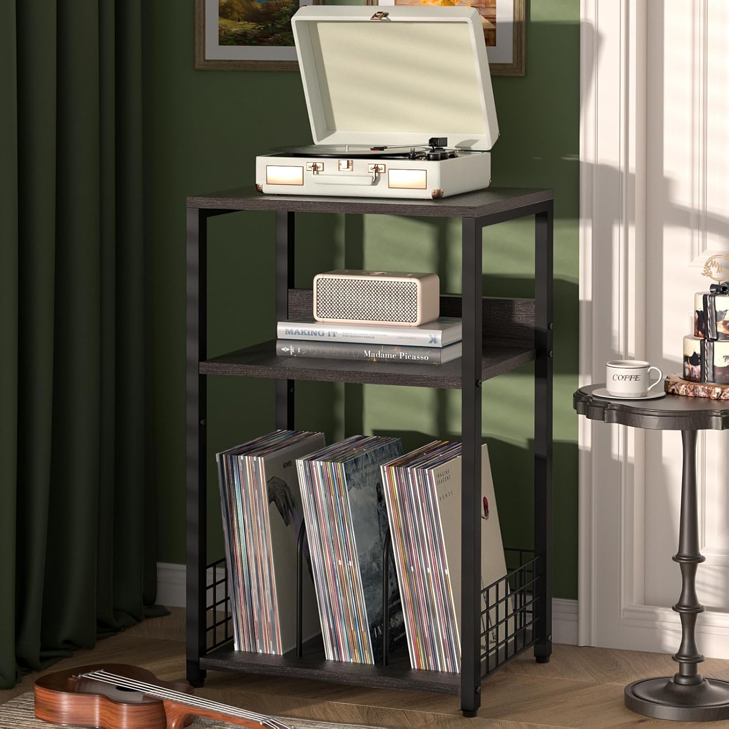 LELELINKY Large Rustic Grey Record Player Stand, 3 Tier 18" Wide Big End Table with Vinyl Storage Up to 130 Albums, Industrial Turntable Printer Tables, Modern Side Tables for Living Room, Office
