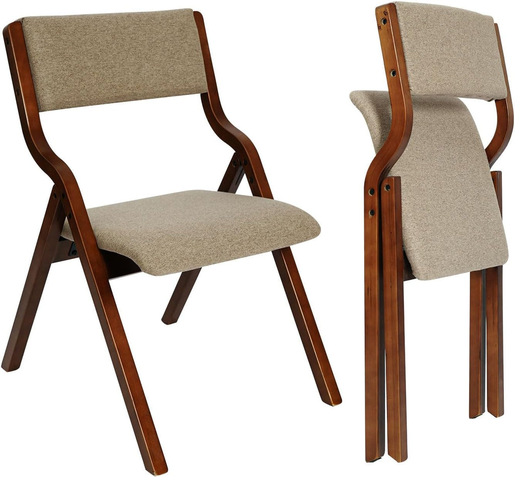CangLong Foldable Chair Set of 2, Walnut+Light Coffee | Padded Fabric Chairs with Solid Wood Frame, Stackable and Assembled, for Guests Kitchen Office Wedding Party
