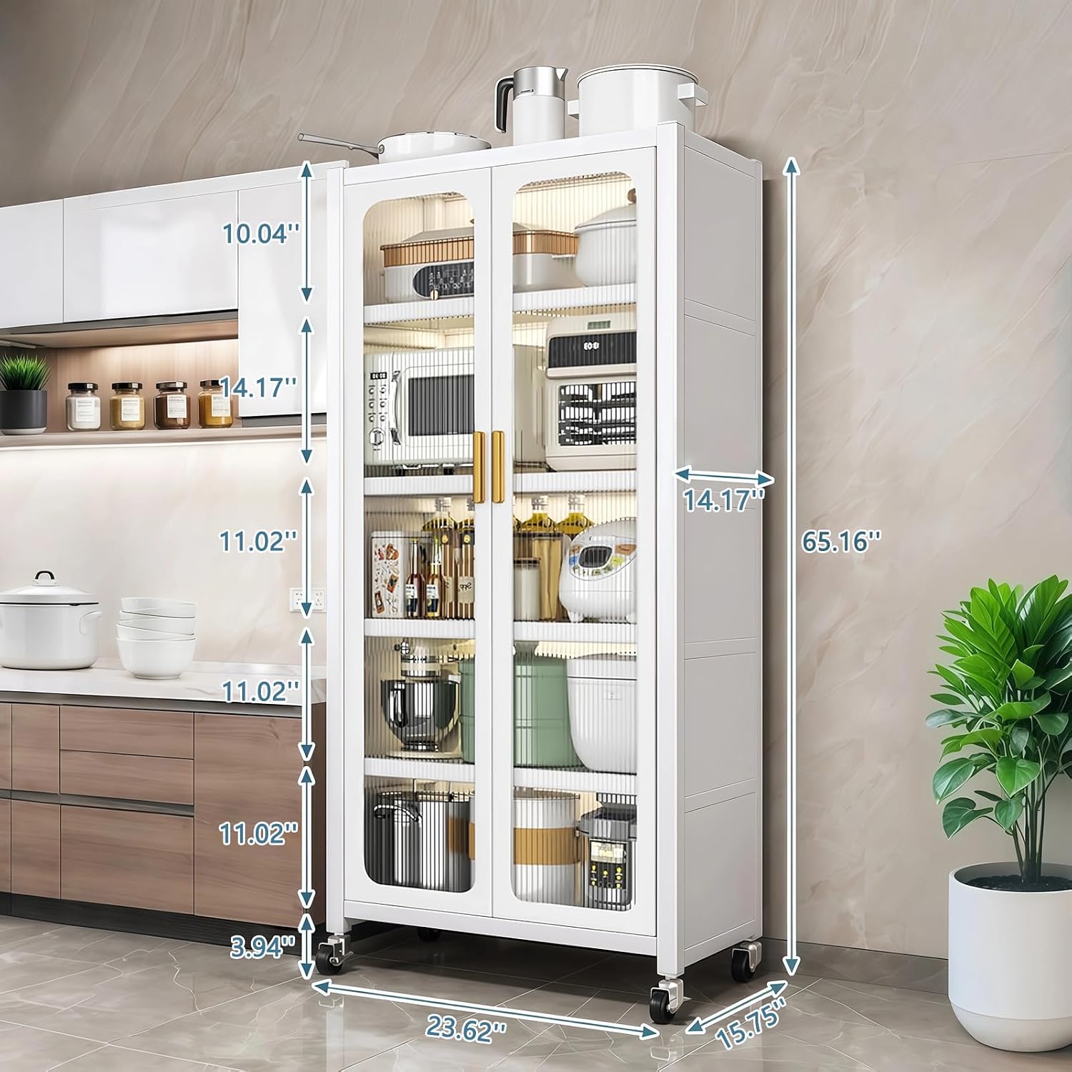 65" Metal Kitchen Cabinet with Transparent Doors, 6-Tier Rolling Pantry Cabinet on Wheels - Sturdy Adjustable Shelves, Mobile Storage Buffet Cabinet for Kitchen, Living Room, Dining Room(White)
