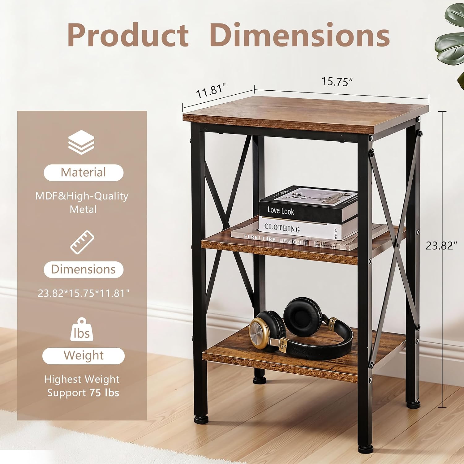 VECELO End Table, 24" Tall Wood Living Room X-Design Reinforced Side Tables, Nightstands with 3-Tier Wood Storage Shelves for Small Spaces, Office, Bathroom, Bedroom, Retro Brown, 2 Pack