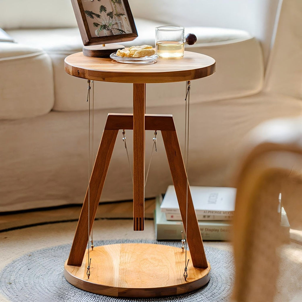 Floating Effect End Table, Solid Wood Tensegrity Side Table, Anti-Gravity Hanging Plant Rack, Modern Floating End Table, for Living Room & Bedroom (Natural, 11.8" L * 11.8" W * 17.5" H in, Wood)