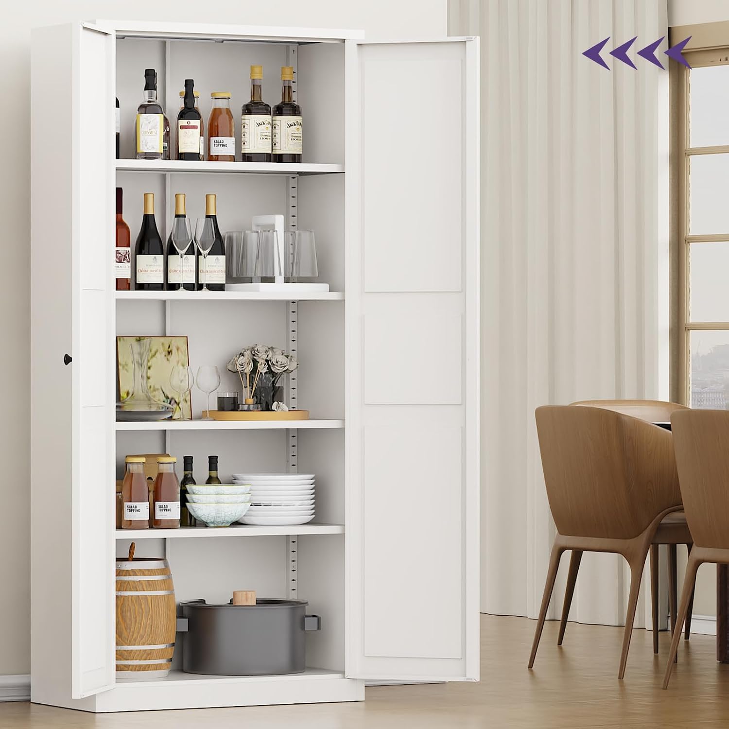 71"Kitchen Pantry Cabinet,White Metal Pantry Cabinet with 2 Doors & 4 Adjustable Shelves,Pantry Cabinets with Gold/Black Handles,Kitchen Cabinet for Dinging Room,Living Room,Assembly Required