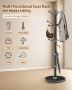 Modern Coat Rack Stand, Metal Freestanding Coat Rack with Natural Marble Base, Heavy-Duty Coat Racks with Umbrella Holder,Black Coat Hanger Stand with 12 Hooks for Office, Entryway, Hallway