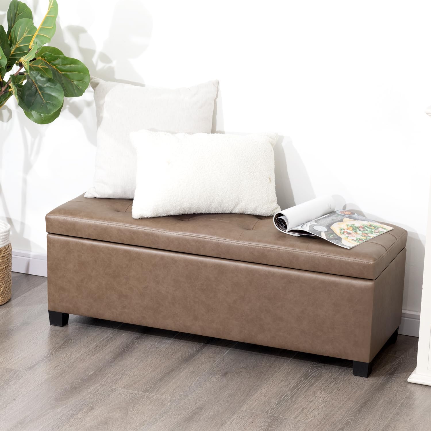 Asense Storage Ottoman Bench,42 inch Wide Upholstered Faux Leather Rectangular Ottoman with Legs,Safety Hinge Storage Bench for Living Room,Bedroom,Entryway
