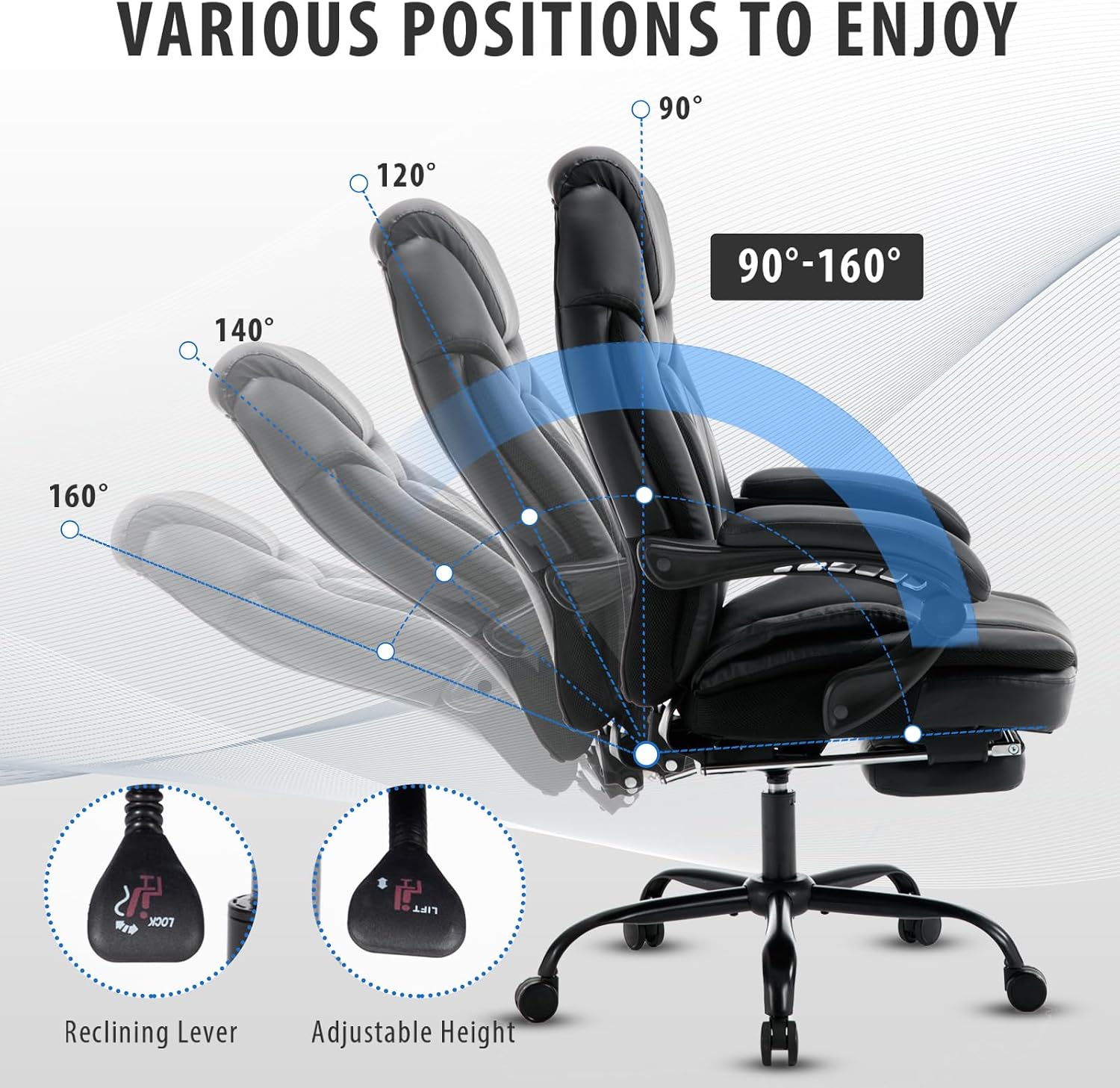 400lbs Reclining Office Desk Chairs with Footrest Back Support PU Leather High Back Wide Seat Recliner Executive Office Chairs for Women, Big Tall Managerial Chairs, Black