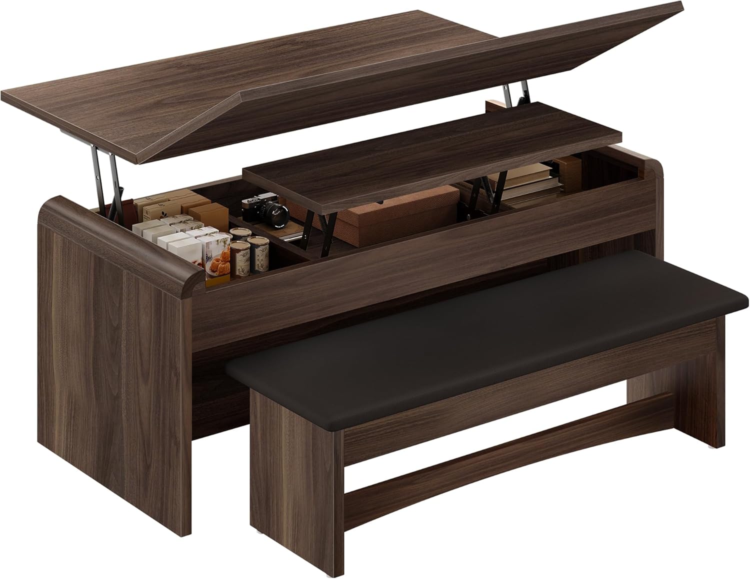 Lift Top Coffee Table 4-in-1, 40 Inches Coffee Table Set with Bench & Hidden Compartment, Multi-Function Converts to Dining Table for Living Room, Home Office, Lifting Top Tables, Walnut