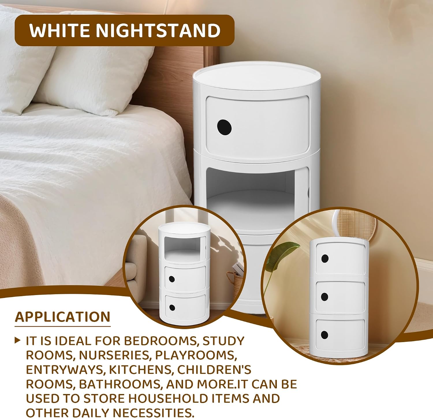 3 Tier Round with Storage, Modern Style Side Table, Multifunctional End Table Storage Cabinet for Living Room, Bedroom, Bathroom (White)