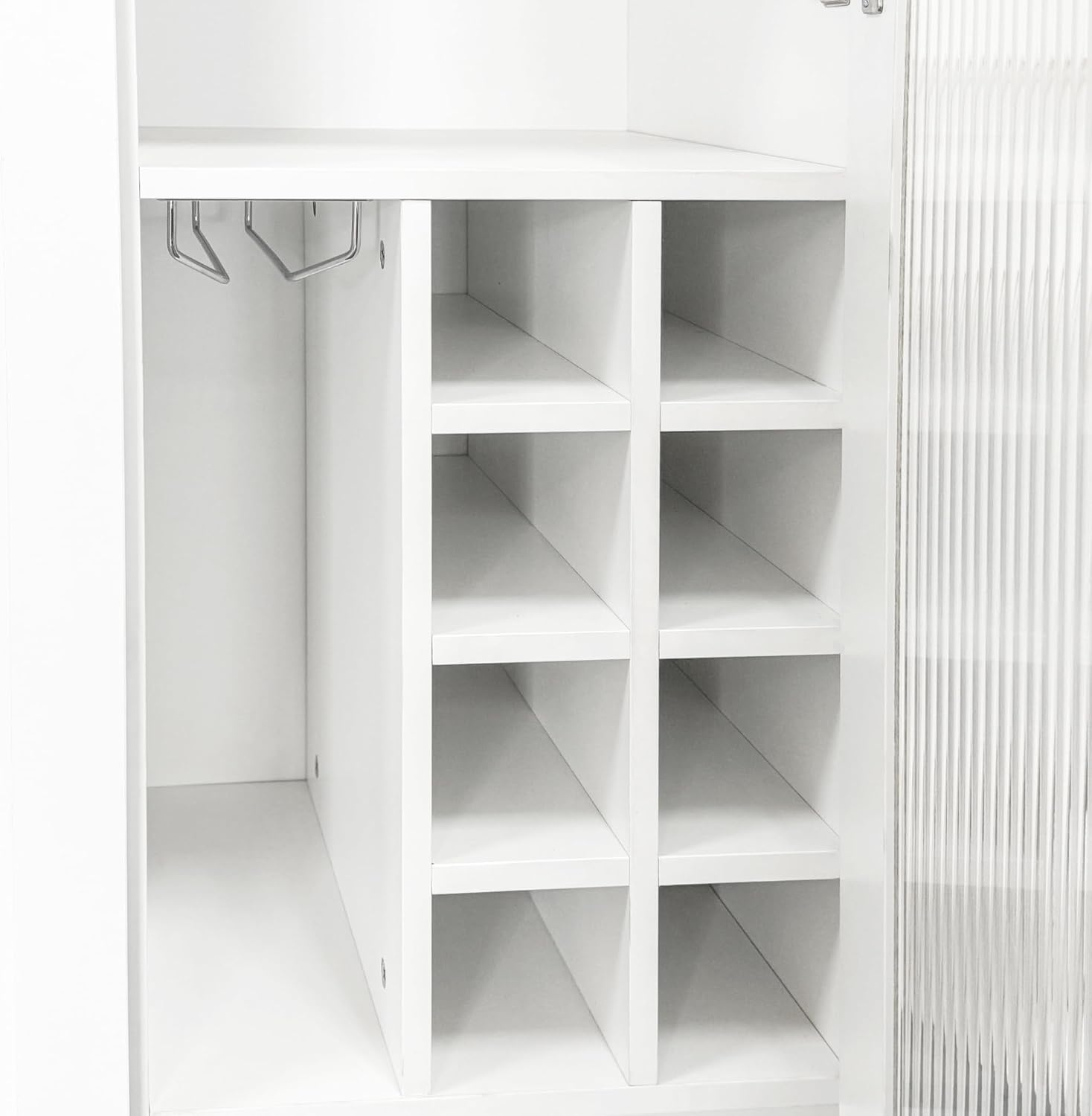 White Farmhouse Pantry Cabinet with Pull Out Shelf & Glass Door, Multifunctional Kitchen Storage Organizer, Bar & Dining Room Cupboard