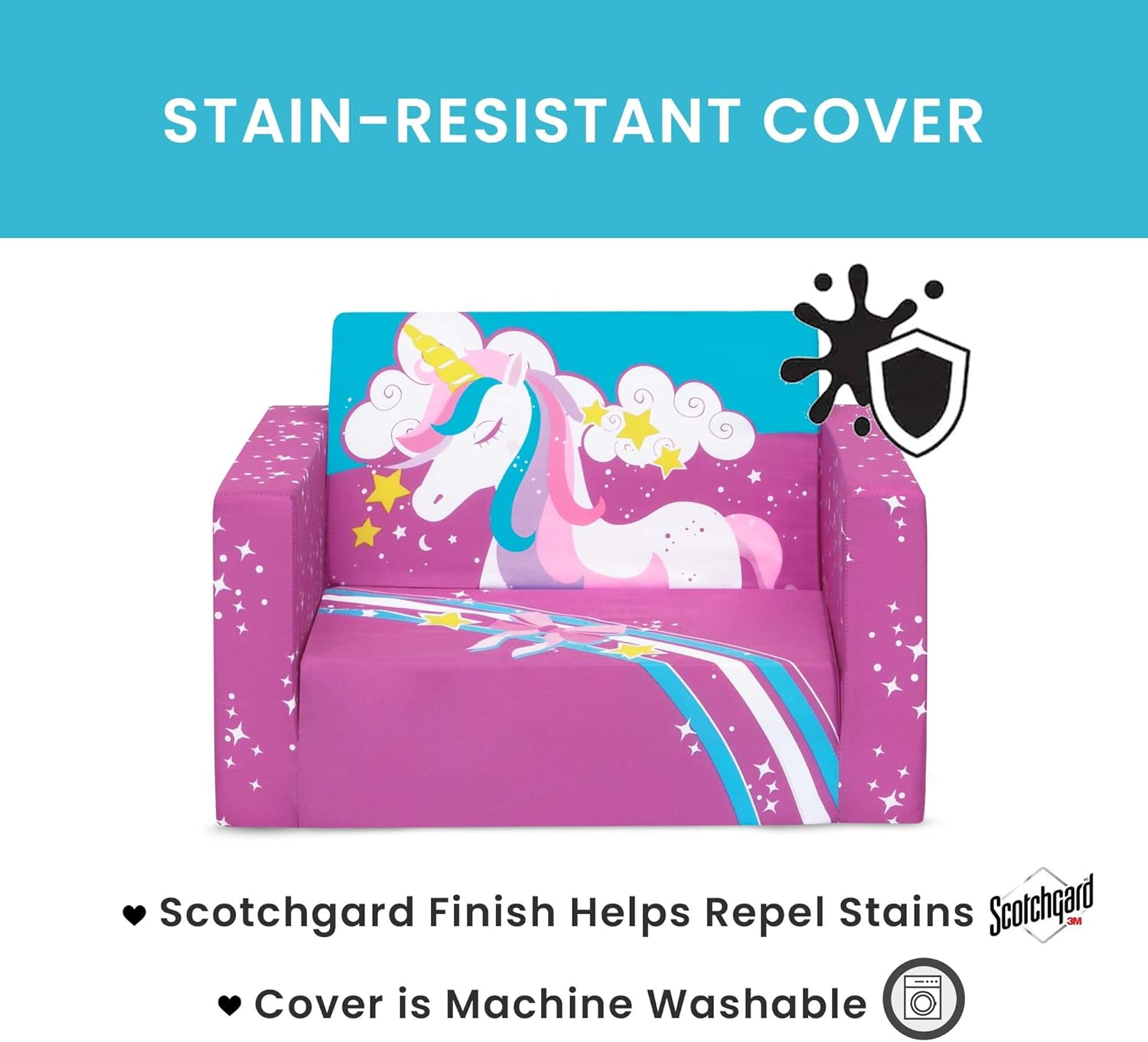 Delta Children Cozee Kids Couch 2-Seater Kids Sofa, Convertible 2-in-1 Flip Open Toddler Couch Sleeper, Foam Chair for Playroom & Bedroom, Bed Lounger, Comfy Play Sleeping Lounge Chair, Unicorn