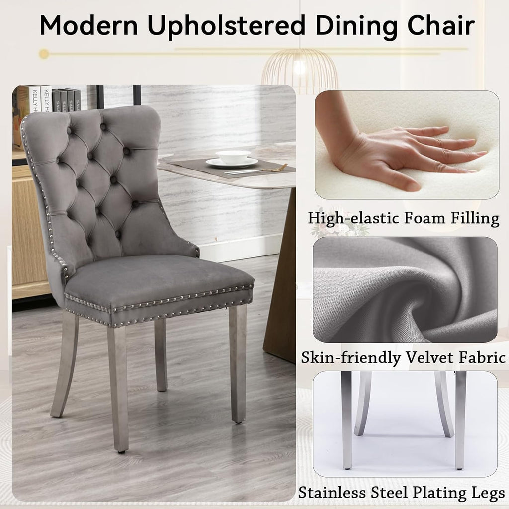 9-Piece Modern Dining Table Set with 8 Chairs, 94.5" Large Marble Kitchen Table & Grey Upholstered Chairs Set for 8, White Dining Room Table Set with Silver Stainless Steel Frame & Faux Mable Top