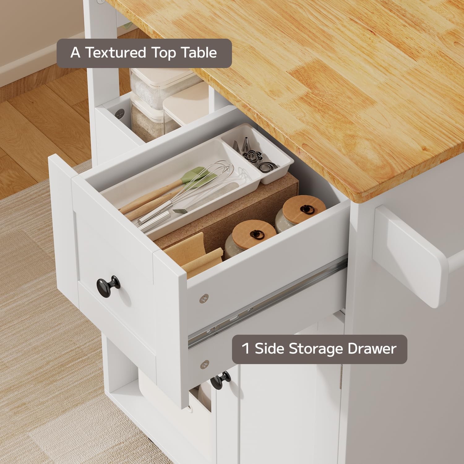 Gizoon Kitchen Island Cart on Wheels, Rolling Serving Utility Cart with Drawers and Doors, Bar Cart with Adjustable Shelf and Removable Tray for Dining Room, White, Tabletop-Oak Color
