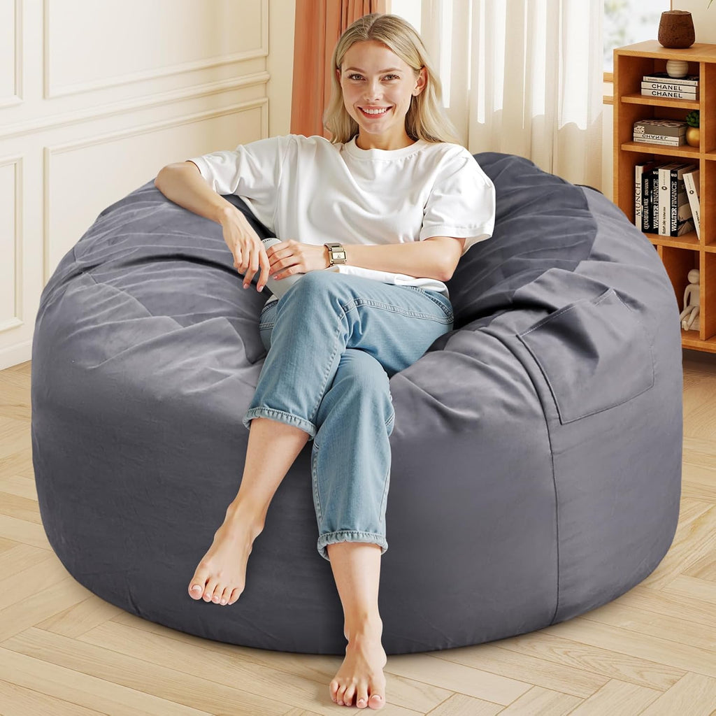 Sweetcrispy Bean Bag Chairs, 4Ft Bean Bags for Adults, Large Oversized Beanbag Chair with Memory Foam Filled and Soft Removable Washable Cover, Comfy Sofa for Living Room Bedroom Dorm, Dark Grey