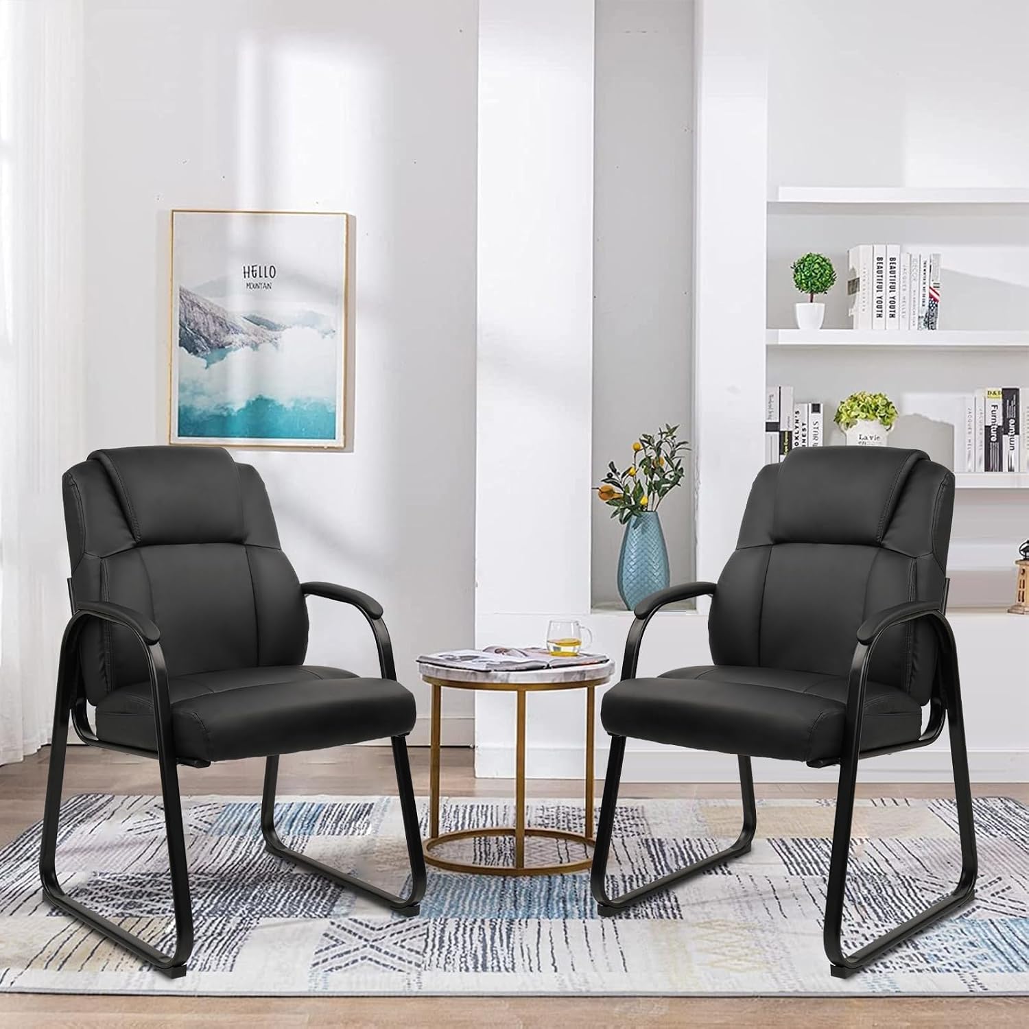 CLATINA Leather Waiting Room Chair, Sled Base No Wheels Reception Guest Chair with Padded Armrest, Comfy Upholstered Office Computer Desk Chair for Home Office Meeting Room Lobby, Black, 8 Pack
