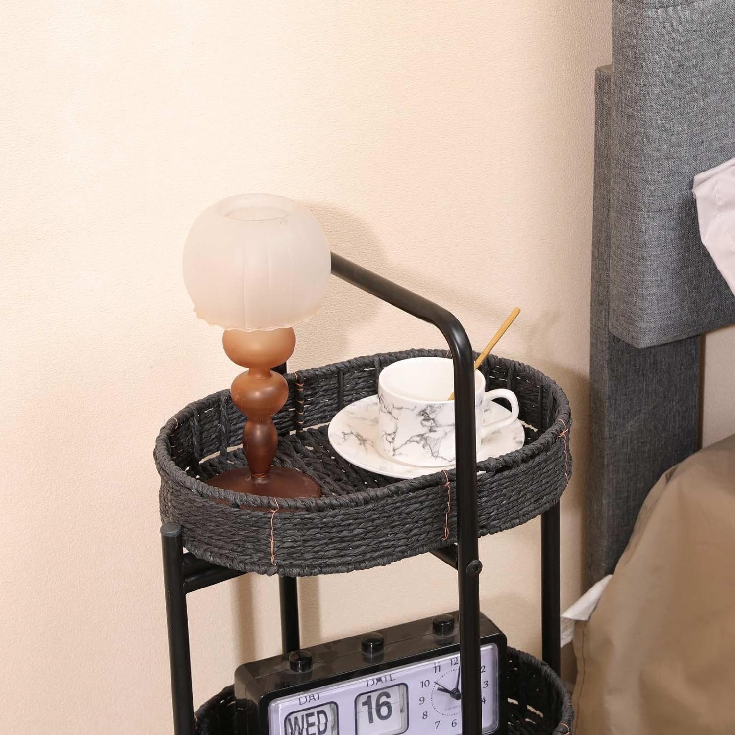 3-Tier Round Woven Storage Basket Stand with Metal Frame - Black Handcrafted Paper Rope Organizer for Living, Bedroom & Kitchen - Farmhouse Side Table with Portable Handle