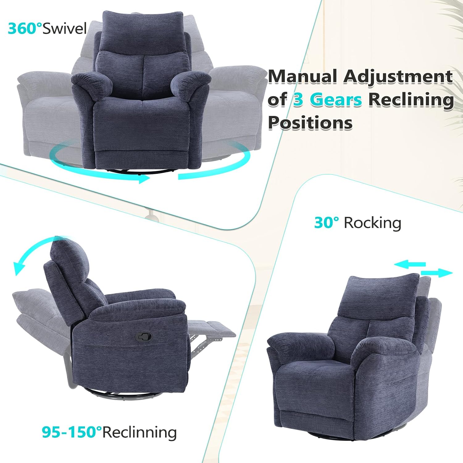 ANJ Swivel Rocker Recliner Chair, Manual Fabric Glider Nursery Recliner Chair, Single Rocking Modern Sofa Home Theater Seating for Living Room, Nursery (Slate Blue)