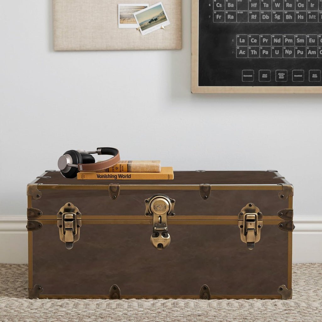 Rhino Trunk & Case Lux Faux Leather Trunk – Large 32"x18"x14" Storage Box, Coffee Table, End of Bed Chest, Entryway Storage Bench – USA-Made – Strong & Secure for Camp & Dorm – Antique Brass Hardware
